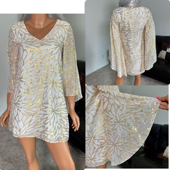 Lilly Pulitzer 4 Gold Ivory Silk Caftan Dress Palm Burst Bridal Resort Cocktail - Picture 1 of 14